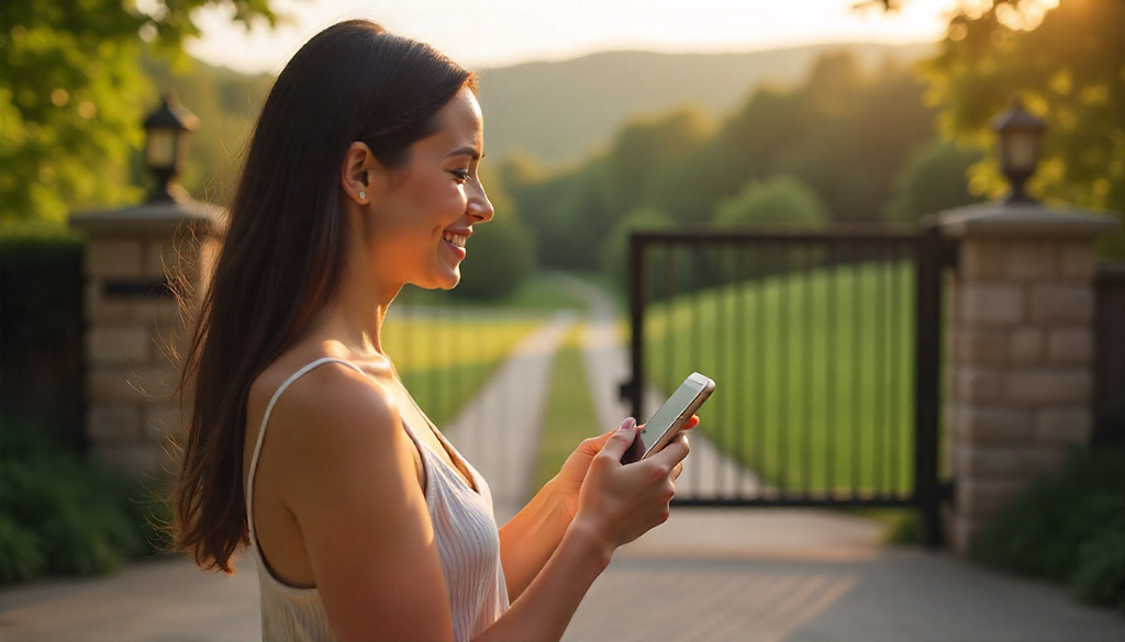 Женщина управляет воротами с телефона